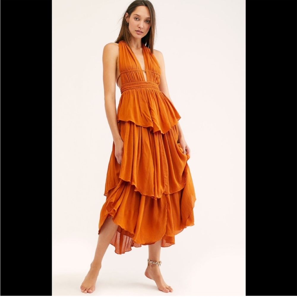 Free People Tiered Halter Midi Dress in Burnt Orange